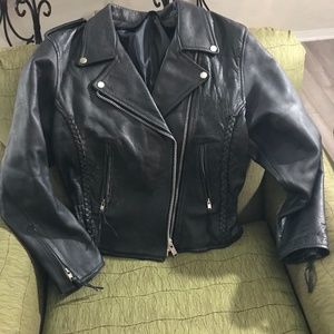 Leather motorcycle jacket w/braided details
